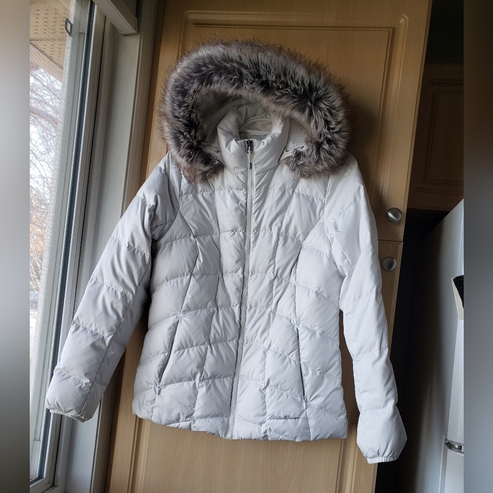 Eddie Bauer White Puffer Jacket with Fur Hood